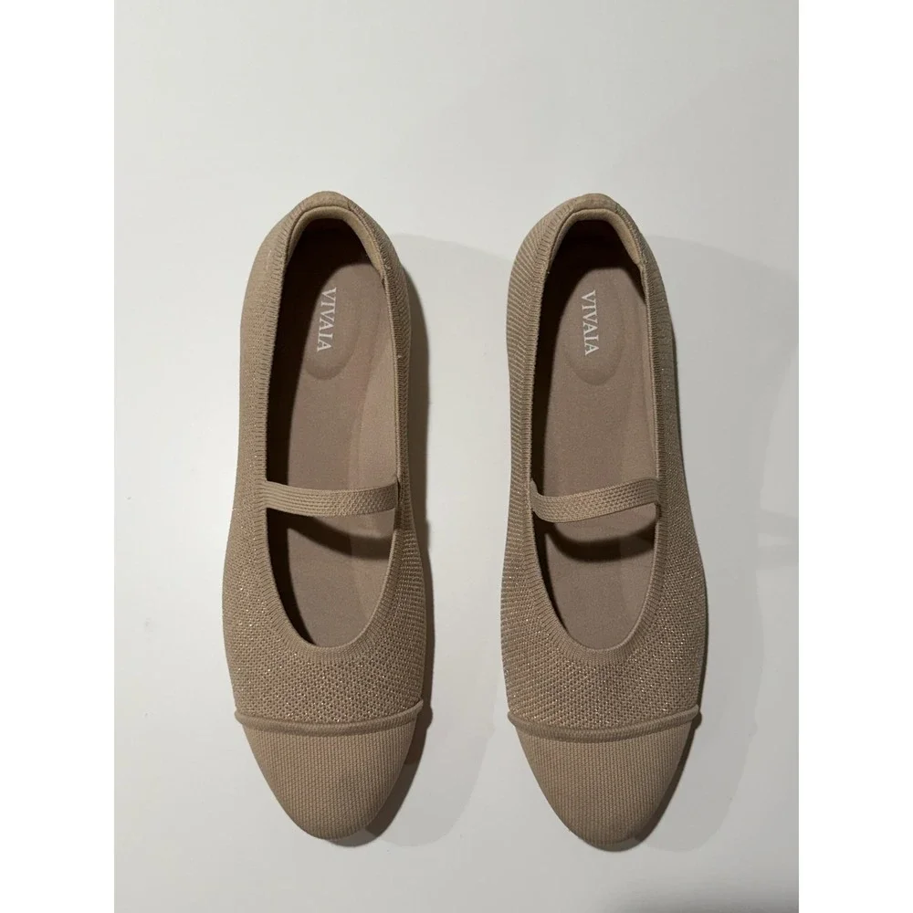 Vivaia Margot Mary Jane Shimmer Knit Pointed Toe Flats Almond Tan Womens 11 EU43